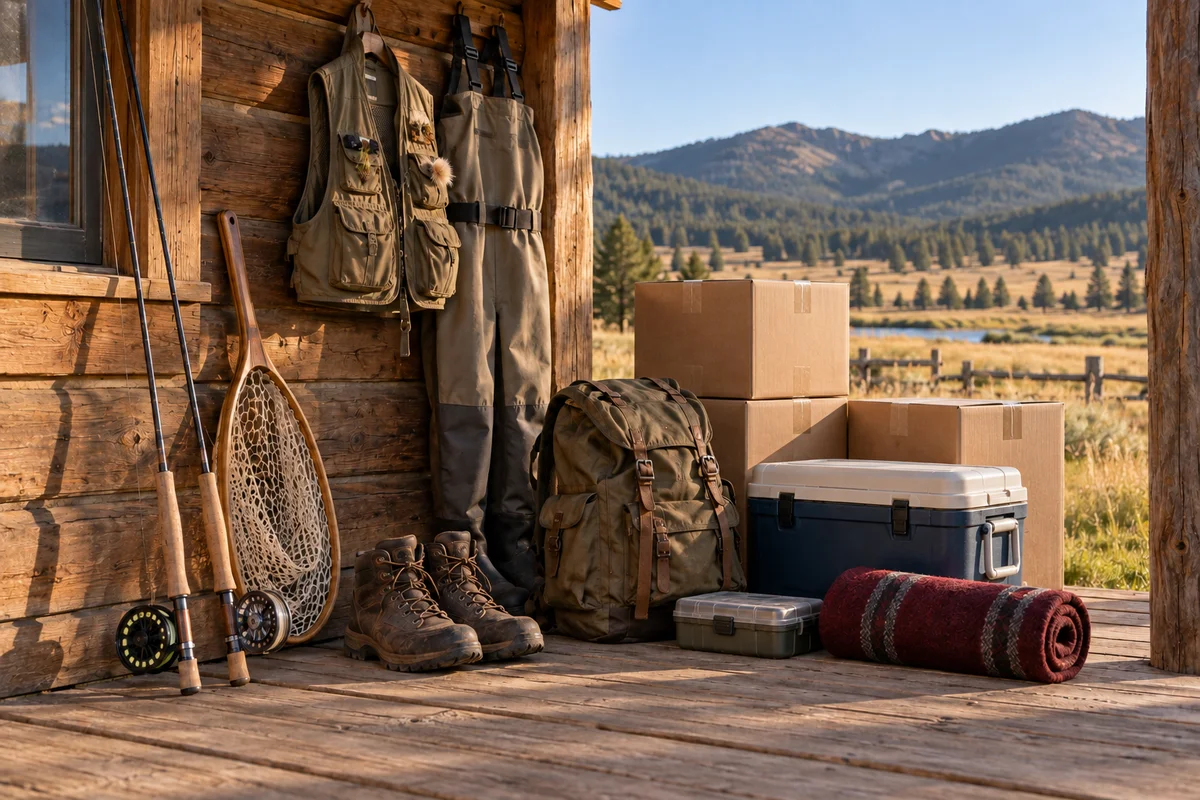Illustration of fly fishing rods, waders, hiking boots, a backpack, camping gear and moving boxes on a Montana porch.